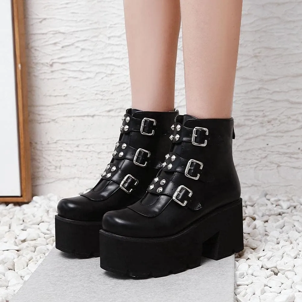 mikarka Goth Ankle Boots for Women, Zipper Studded Chain Mid Chunky Heel Platform Combat Ankle Booties Motorcycle Riding Mid Calf Boots