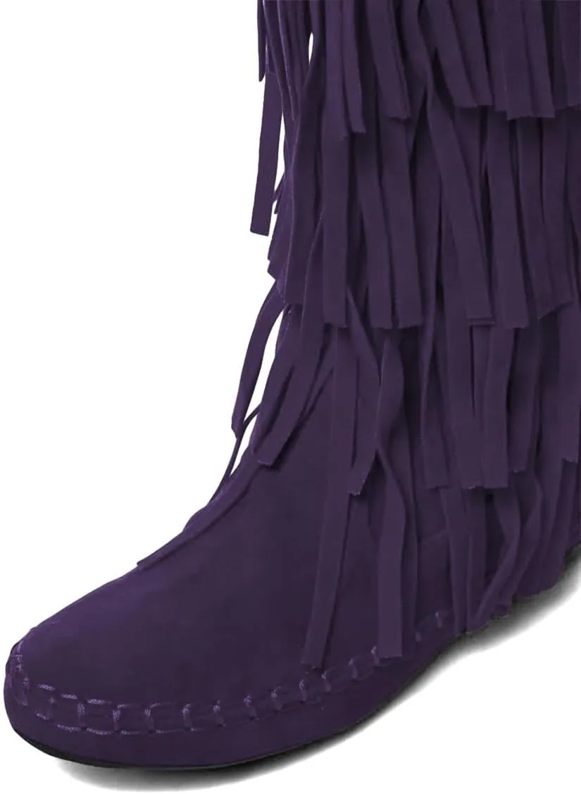 miss left Women Classic Layer Fringe Moccasin Boots Closed Round Toe Flat Knee High Boot with Tassels Pull On Retro Ballroom Dressy Shoes Size 4-16 US