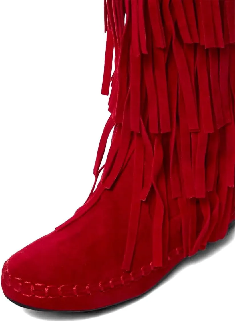 miss left Women Classic Layer Fringe Moccasin Boots Closed Round Toe Flat Knee High Boot with Tassels Pull On Retro Ballroom Dressy Shoes Size 4-16 US
