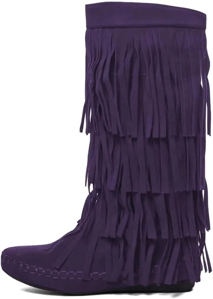 miss left Women Classic Layer Fringe Moccasin Boots Closed Round Toe Flat Knee High Boot with Tassels Pull On Retro Ballroom Dressy Shoes Size 4-16 US