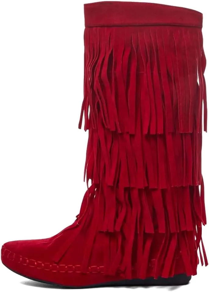 miss left Women Classic Layer Fringe Moccasin Boots Closed Round Toe Flat Knee High Boot with Tassels Pull On Retro Ballroom Dressy Shoes Size 4-16 US