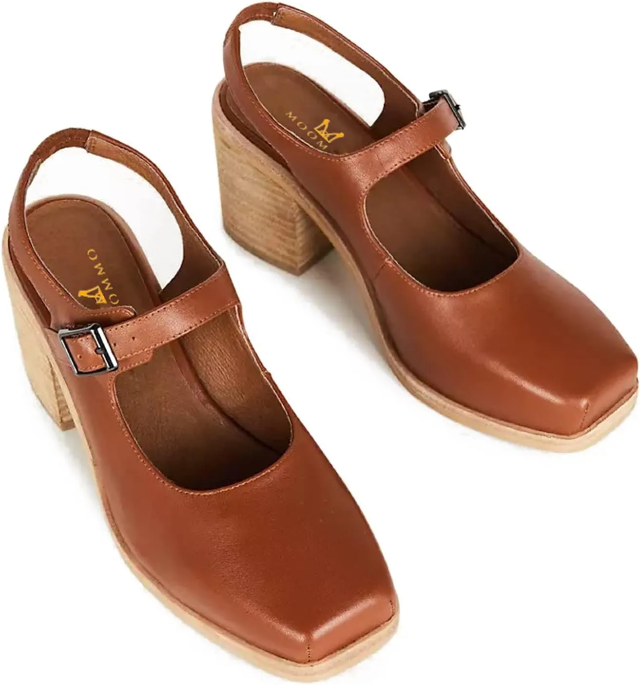 MOOMMO Women Block High Heel Slingback Mary Jane Pumps Platform Square Toe Ankle Buckle Strap Closed Toe Sandals 3 Inch Stacked Chunky Heel Dress Pumps Matte Retro Comfy Office Daily 4-11 M US
