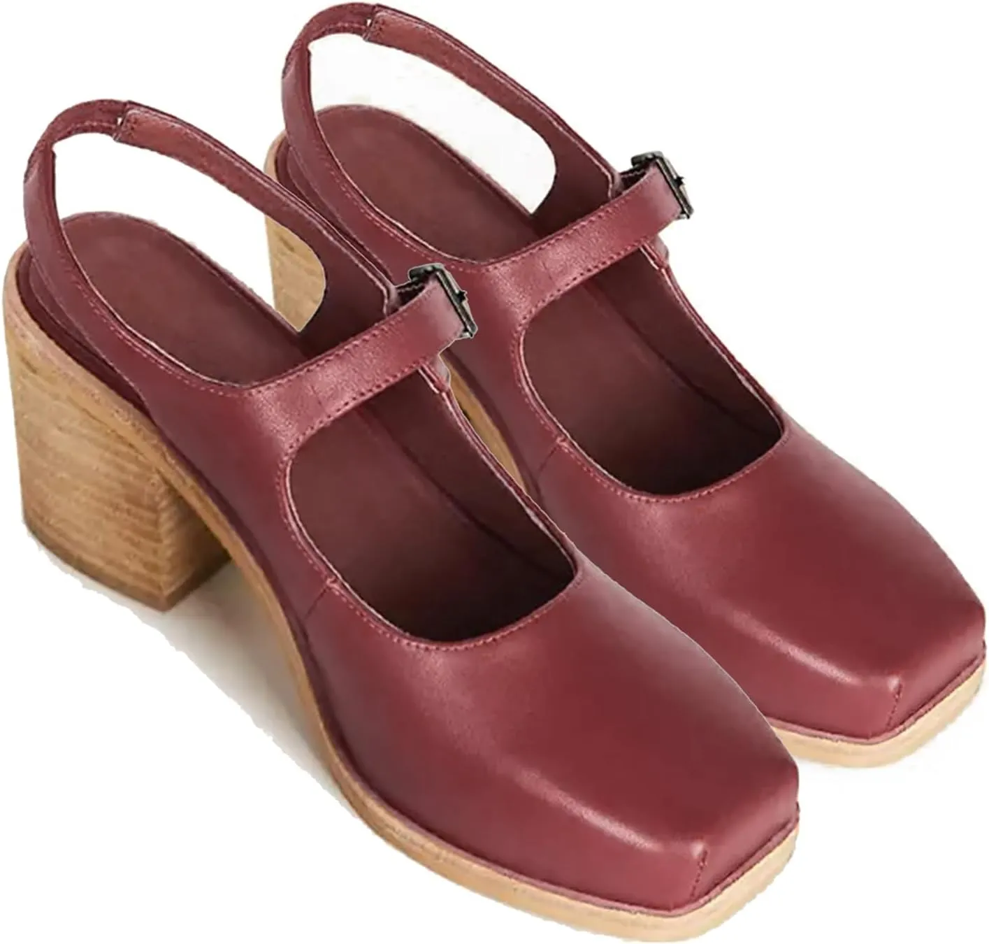 MOOMMO Women Block High Heel Slingback Mary Jane Pumps Platform Square Toe Ankle Buckle Strap Closed Toe Sandals 3 Inch Stacked Chunky Heel Dress Pumps Matte Retro Comfy Office Daily 4-11 M US