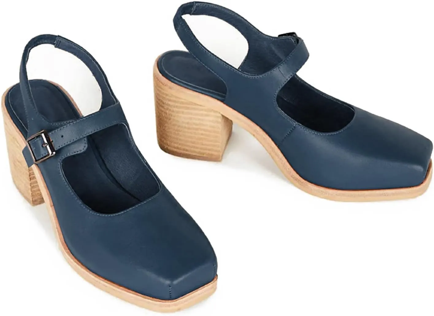 MOOMMO Women Block High Heel Slingback Mary Jane Pumps Platform Square Toe Ankle Buckle Strap Closed Toe Sandals 3 Inch Stacked Chunky Heel Dress Pumps Matte Retro Comfy Office Daily 4-11 M US