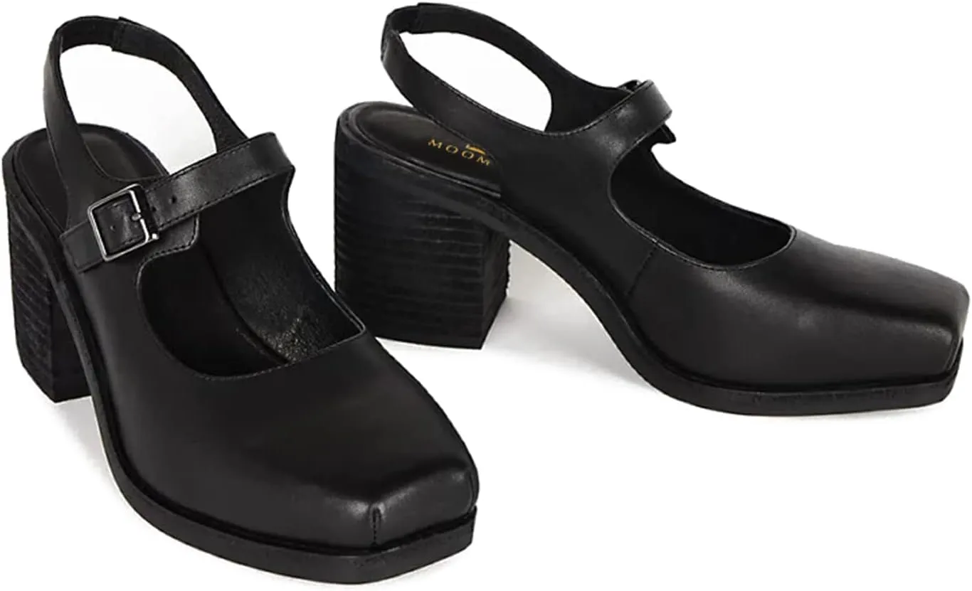 MOOMMO Women Block High Heel Slingback Mary Jane Pumps Platform Square Toe Ankle Buckle Strap Closed Toe Sandals 3 Inch Stacked Chunky Heel Dress Pumps Matte Retro Comfy Office Daily 4-11 M US