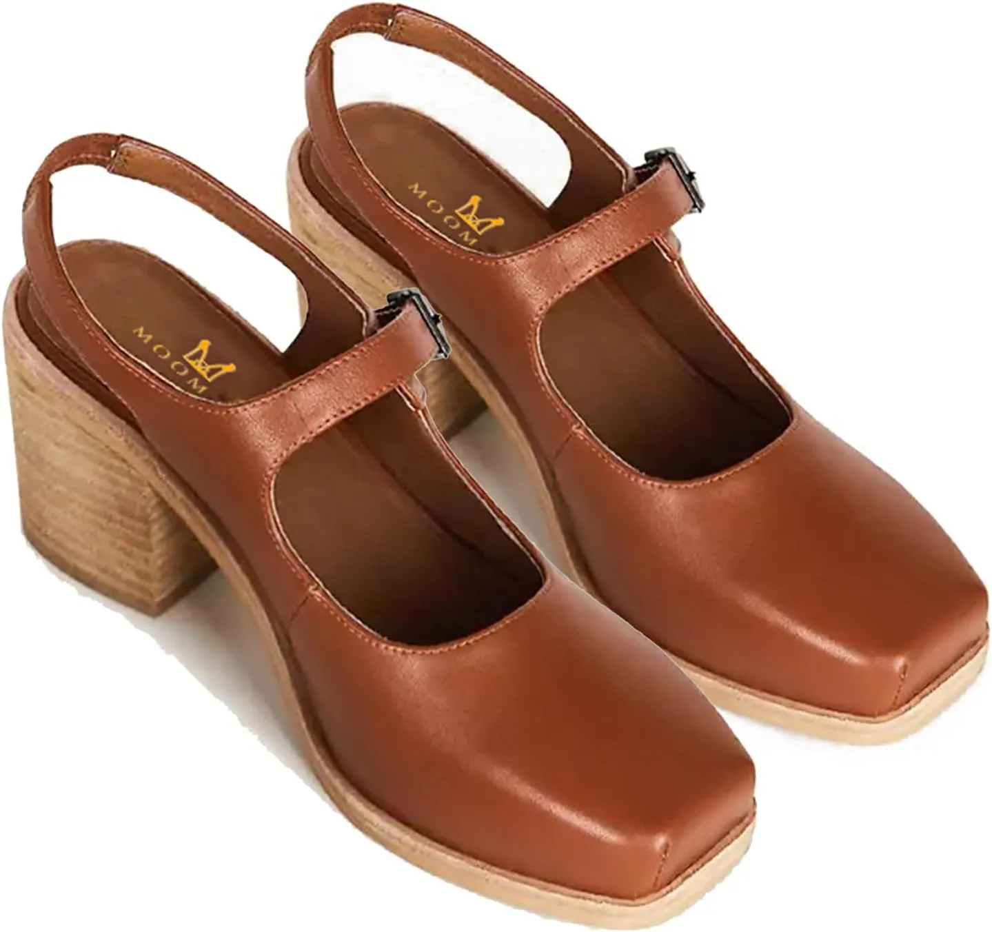 MOOMMO Women Block High Heel Slingback Mary Jane Pumps Platform Square Toe Ankle Buckle Strap Closed Toe Sandals 3 Inch Stacked Chunky Heel Dress Pumps Matte Retro Comfy Office Daily 4-11 M US