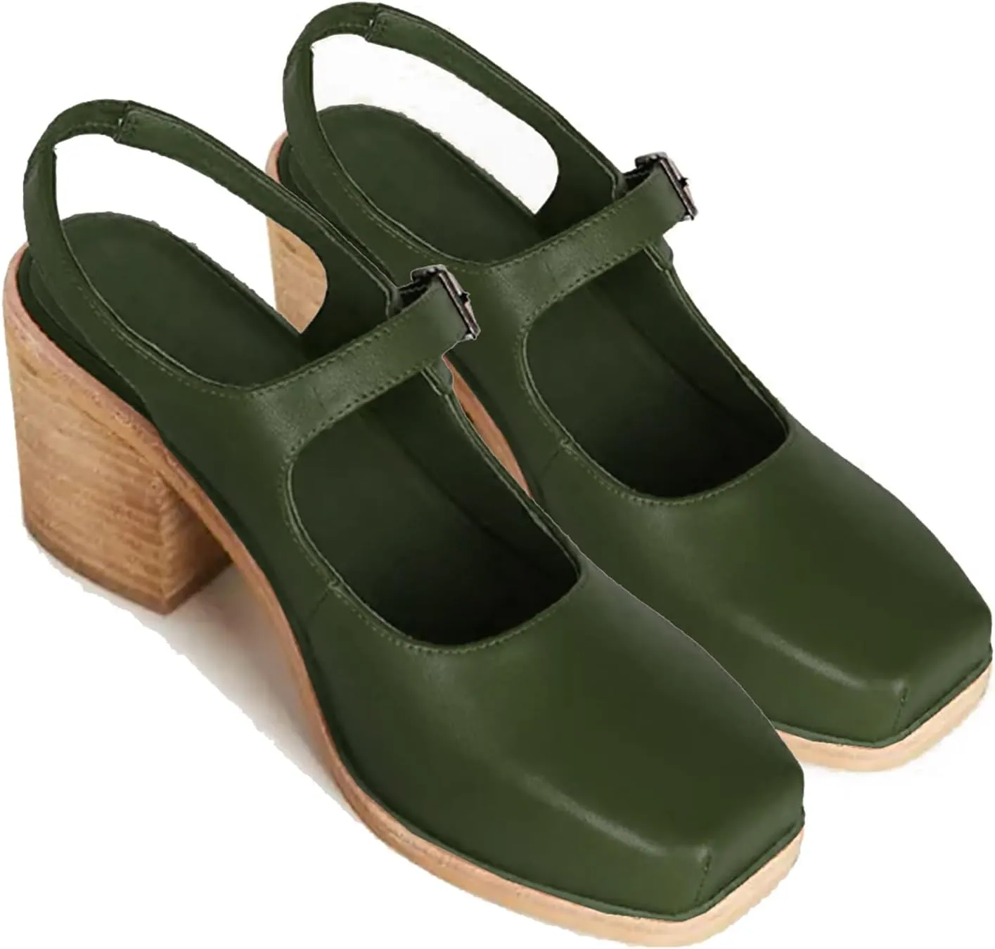 MOOMMO Women Block High Heel Slingback Mary Jane Pumps Platform Square Toe Ankle Buckle Strap Closed Toe Sandals 3 Inch Stacked Chunky Heel Dress Pumps Matte Retro Comfy Office Daily 4-11 M US