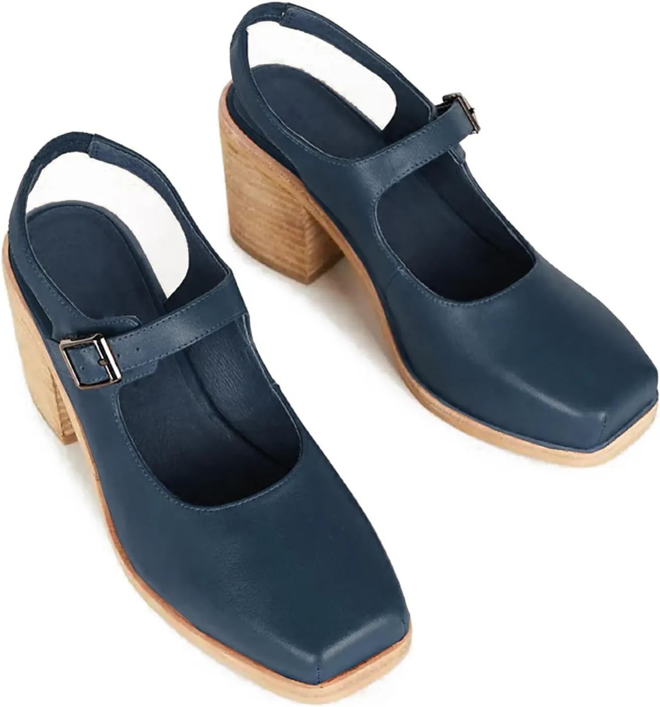 MOOMMO Women Block High Heel Slingback Mary Jane Pumps Platform Square Toe Ankle Buckle Strap Closed Toe Sandals 3 Inch Stacked Chunky Heel Dress Pumps Matte Retro Comfy Office Daily 4-11 M US