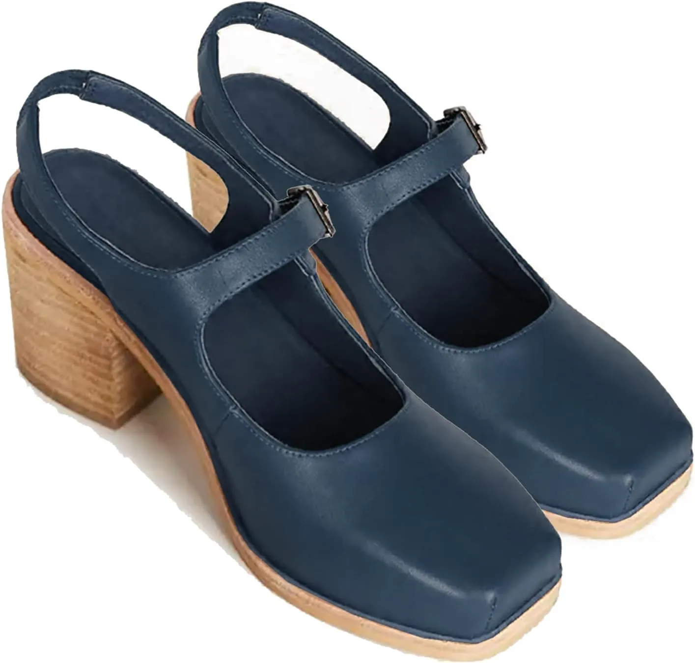 MOOMMO Women Block High Heel Slingback Mary Jane Pumps Platform Square Toe Ankle Buckle Strap Closed Toe Sandals 3 Inch Stacked Chunky Heel Dress Pumps Matte Retro Comfy Office Daily 4-11 M US