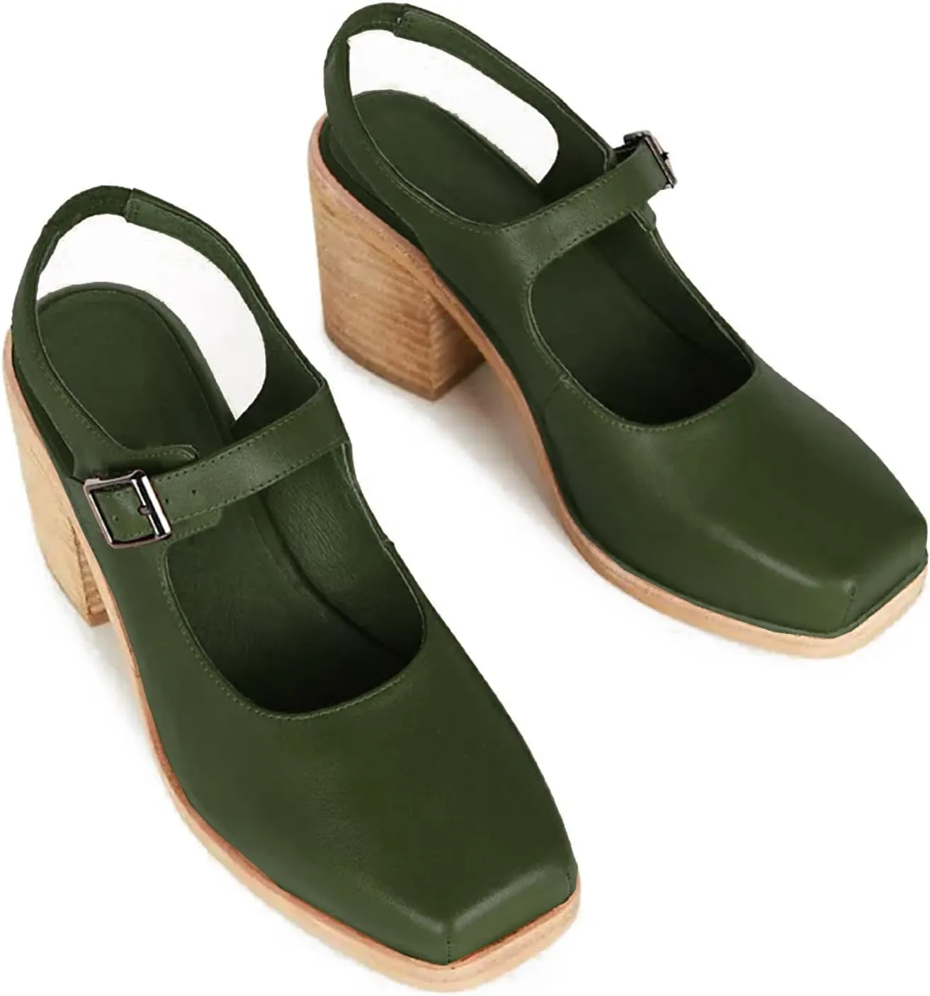 MOOMMO Women Block High Heel Slingback Mary Jane Pumps Platform Square Toe Ankle Buckle Strap Closed Toe Sandals 3 Inch Stacked Chunky Heel Dress Pumps Matte Retro Comfy Office Daily 4-11 M US