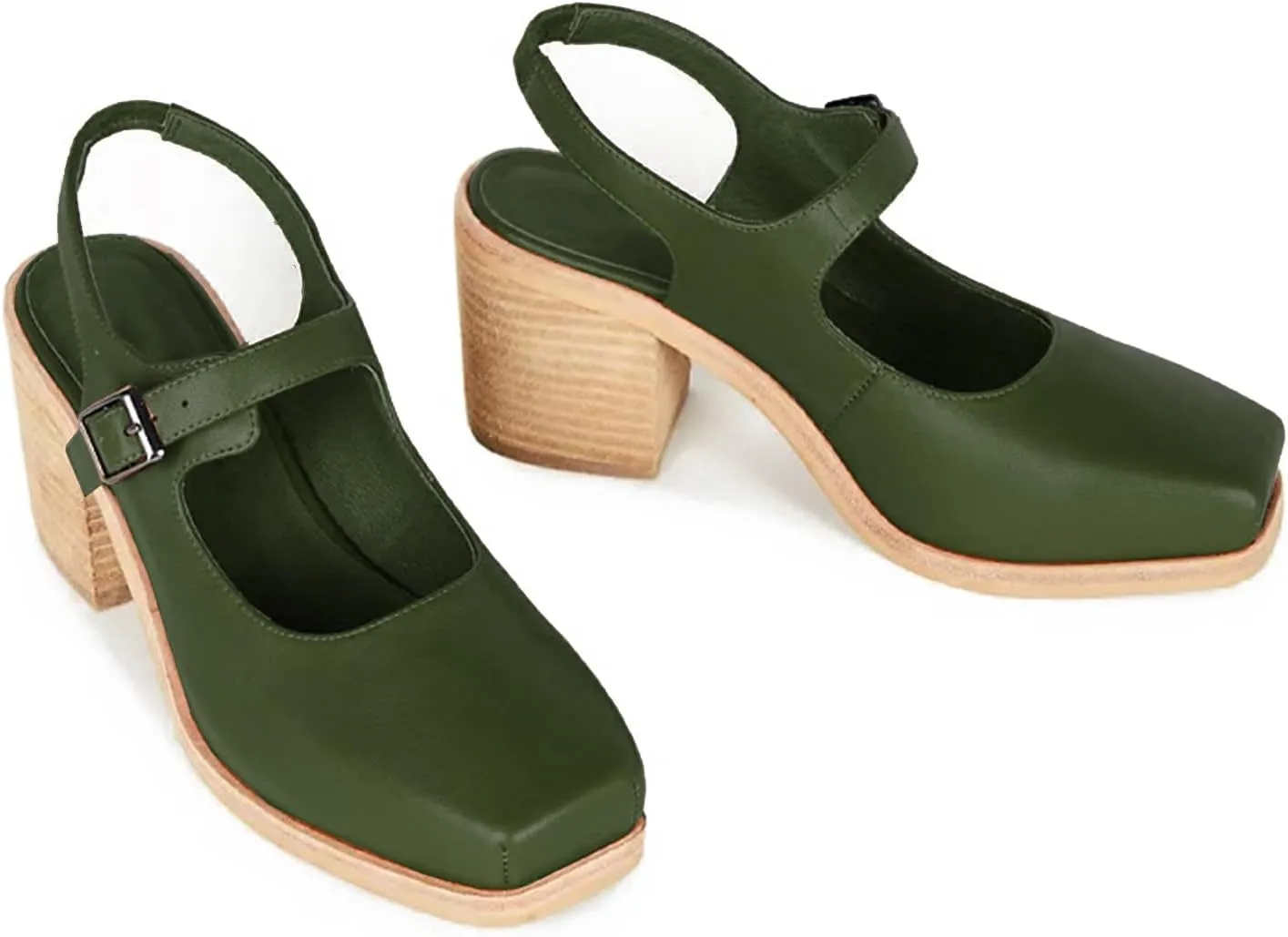 MOOMMO Women Block High Heel Slingback Mary Jane Pumps Platform Square Toe Ankle Buckle Strap Closed Toe Sandals 3 Inch Stacked Chunky Heel Dress Pumps Matte Retro Comfy Office Daily 4-11 M US
