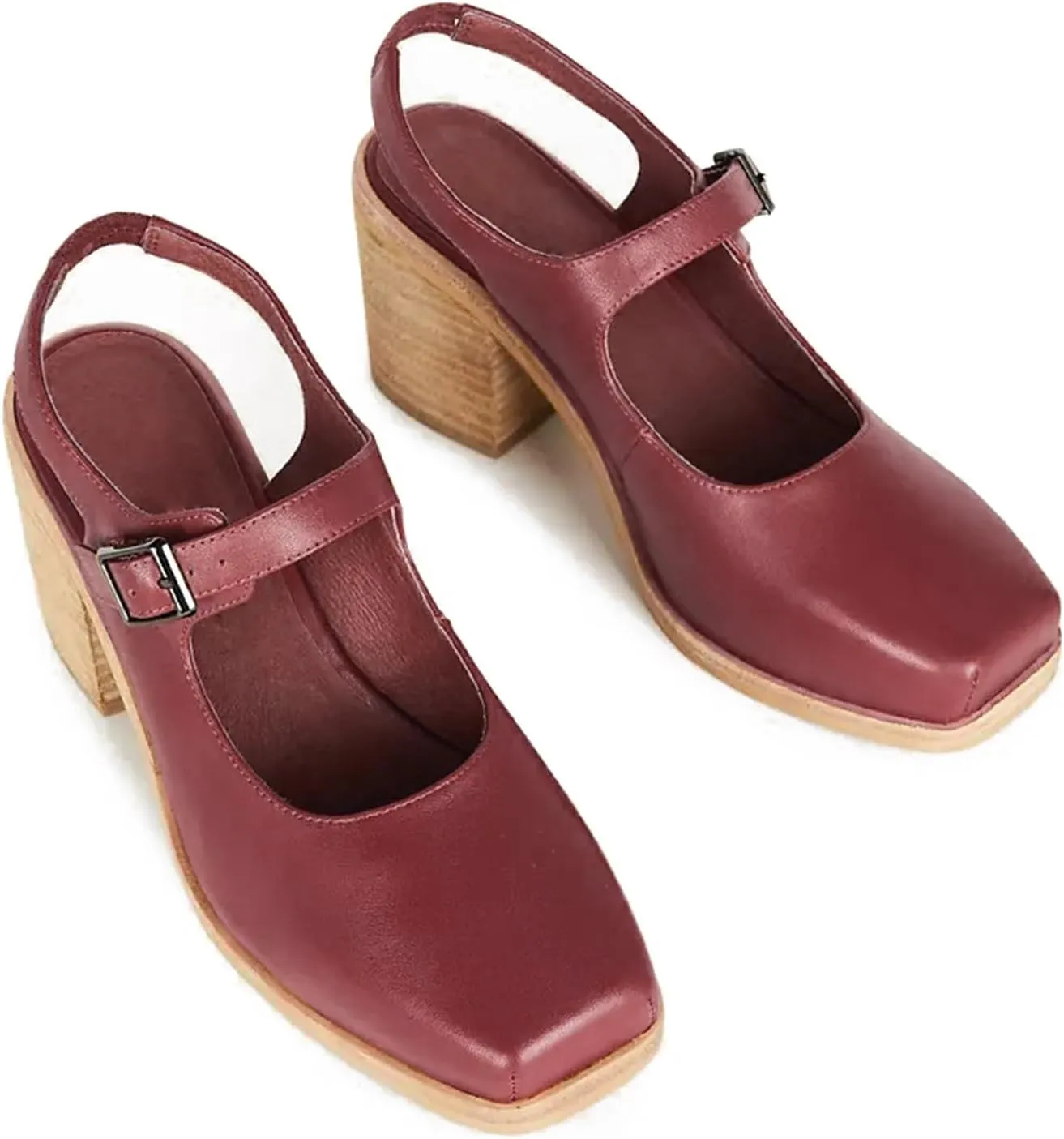 MOOMMO Women Block High Heel Slingback Mary Jane Pumps Platform Square Toe Ankle Buckle Strap Closed Toe Sandals 3 Inch Stacked Chunky Heel Dress Pumps Matte Retro Comfy Office Daily 4-11 M US