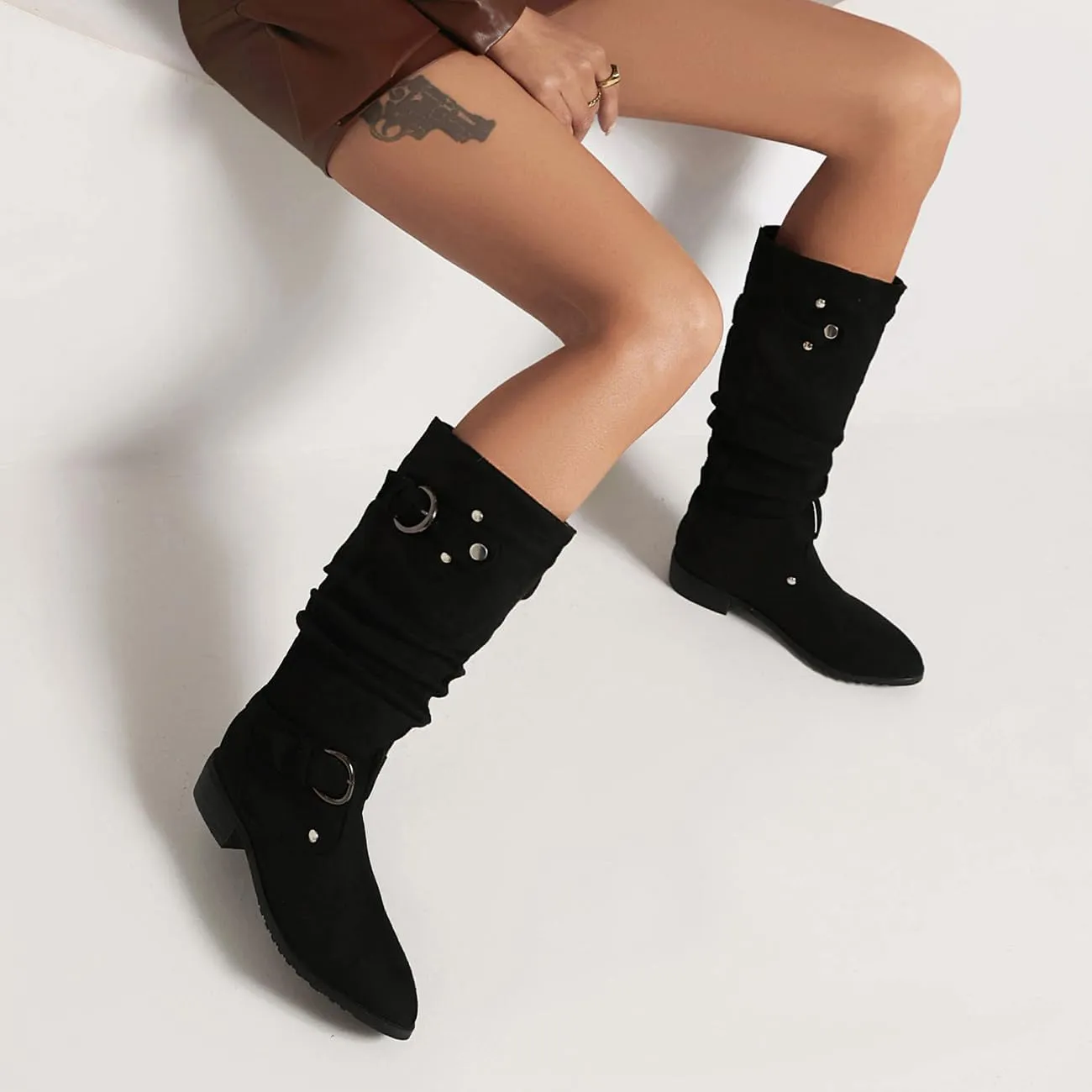 MRKEWUNEY Casual Womens Shelley Knee High Slouch Boots Pull On Internal Increase Pleated Mid Calf Boots