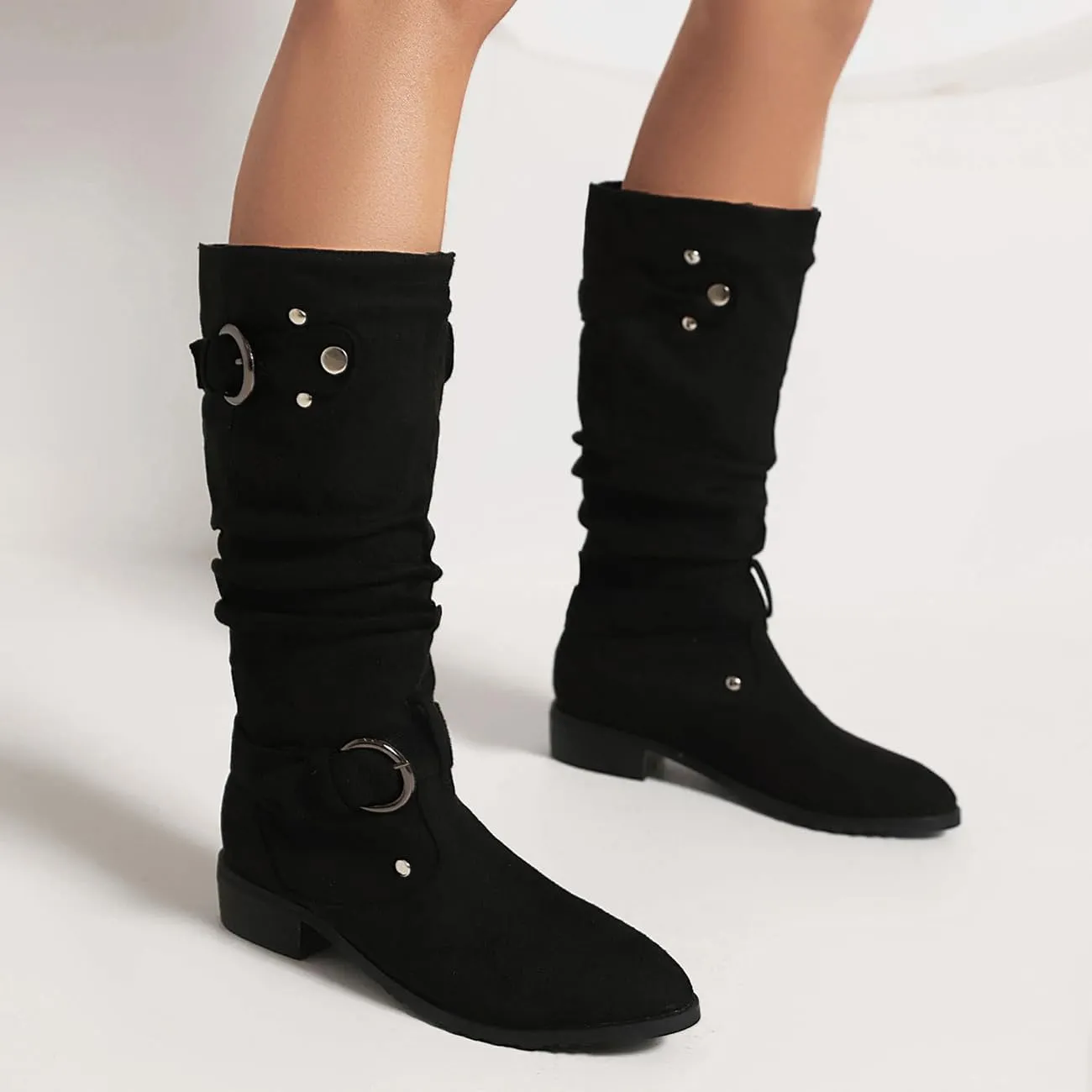 MRKEWUNEY Casual Womens Shelley Knee High Slouch Boots Pull On Internal Increase Pleated Mid Calf Boots