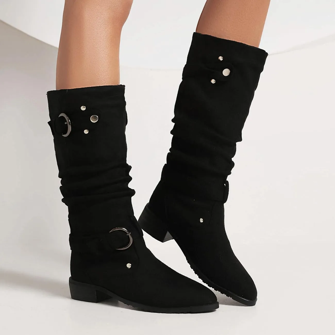 MRKEWUNEY Casual Womens Shelley Knee High Slouch Boots Pull On Internal Increase Pleated Mid Calf Boots