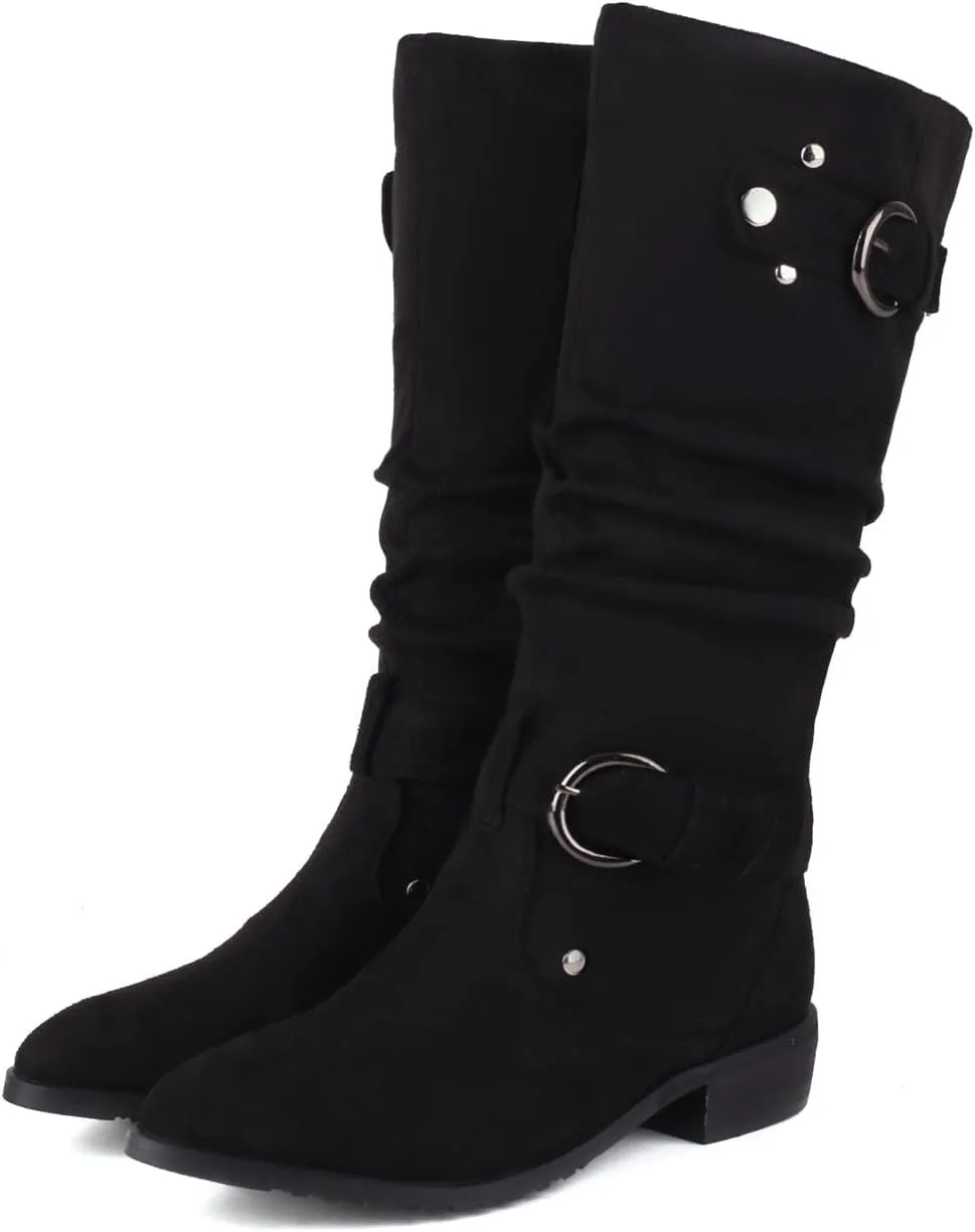 MRKEWUNEY Casual Womens Shelley Knee High Slouch Boots Pull On Internal Increase Pleated Mid Calf Boots