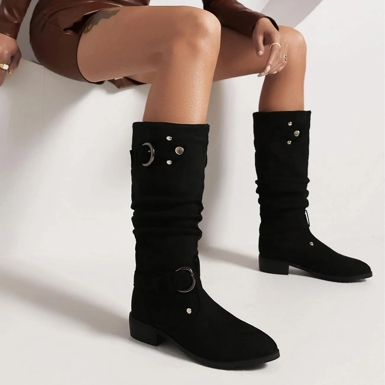MRKEWUNEY Casual Womens Shelley Knee High Slouch Boots Pull On Internal Increase Pleated Mid Calf Boots