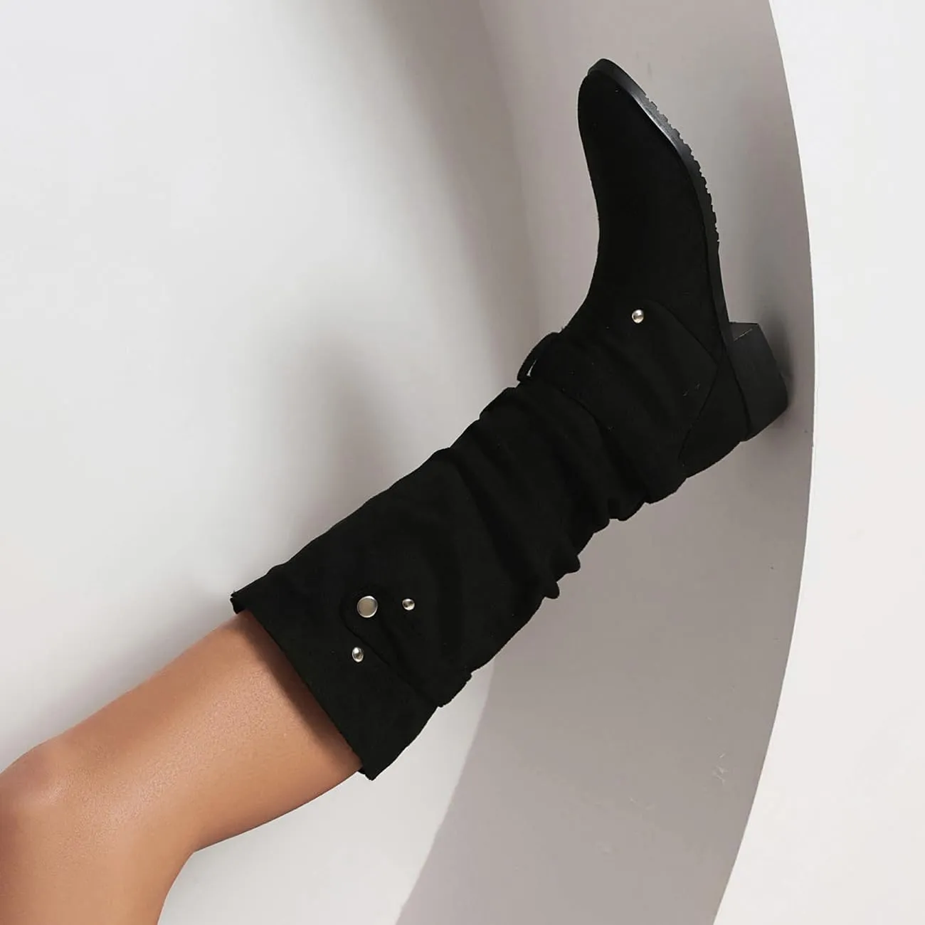 MRKEWUNEY Casual Womens Shelley Knee High Slouch Boots Pull On Internal Increase Pleated Mid Calf Boots