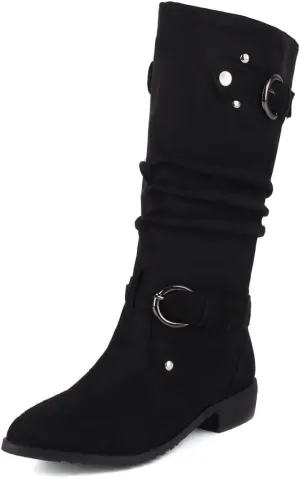 MRKEWUNEY Casual Womens Shelley Knee High Slouch Boots Pull On Internal Increase Pleated Mid Calf Boots