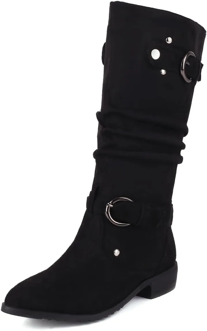 MRKEWUNEY Casual Womens Shelley Knee High Slouch Boots Pull On Internal Increase Pleated Mid Calf Boots