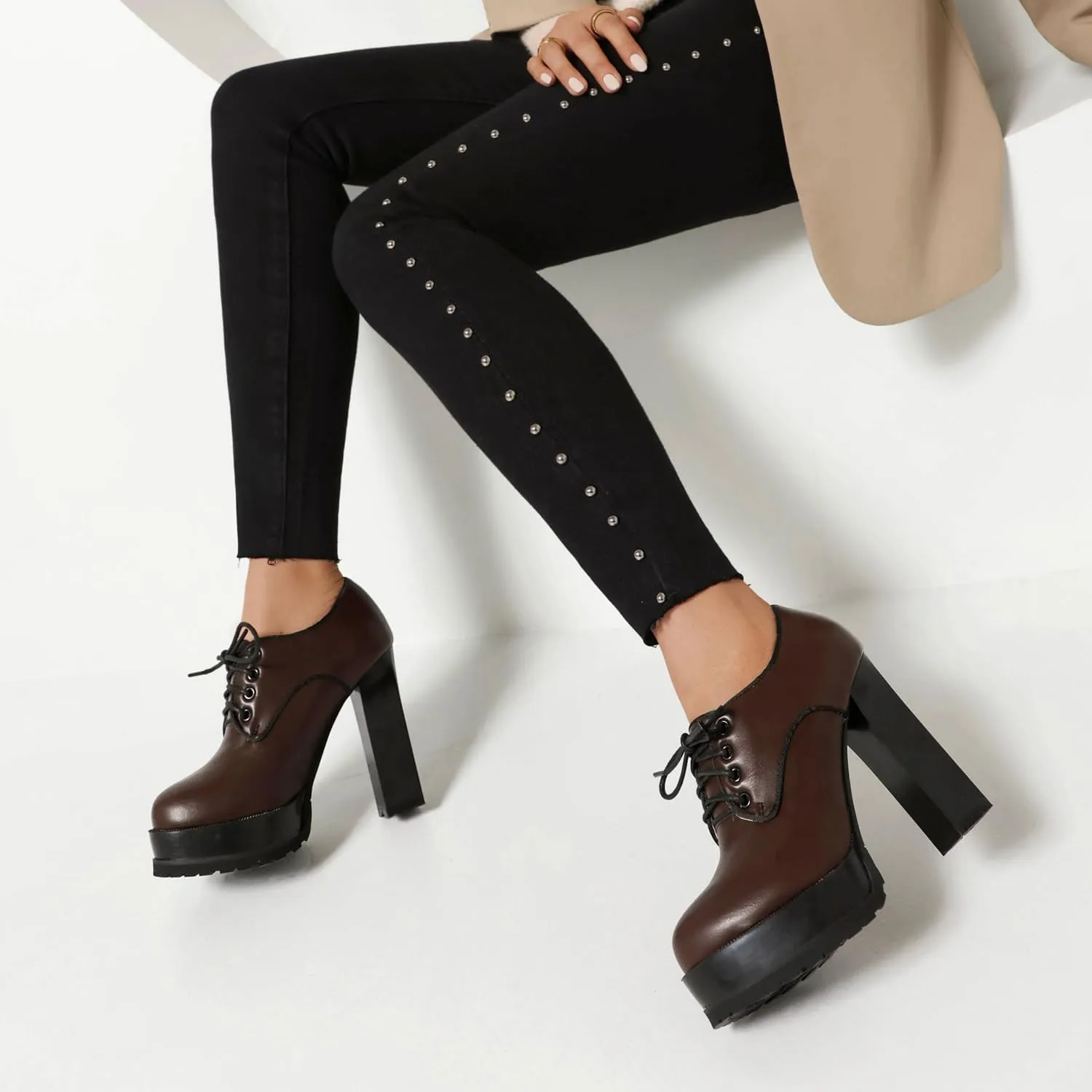 MRKEWUNEY Classic Womens Platform Heel Lace Up Performance Catwalk Pumps