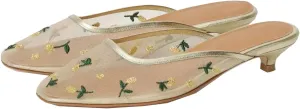 MRKEWUNEY Elegant Embellished Tulle Mules for Women Kitten Heel Mesh Mules Pumps Slip On Embroidered Floral Flats Comfortable Casual Daily Dress Pumps Gold Szie 35