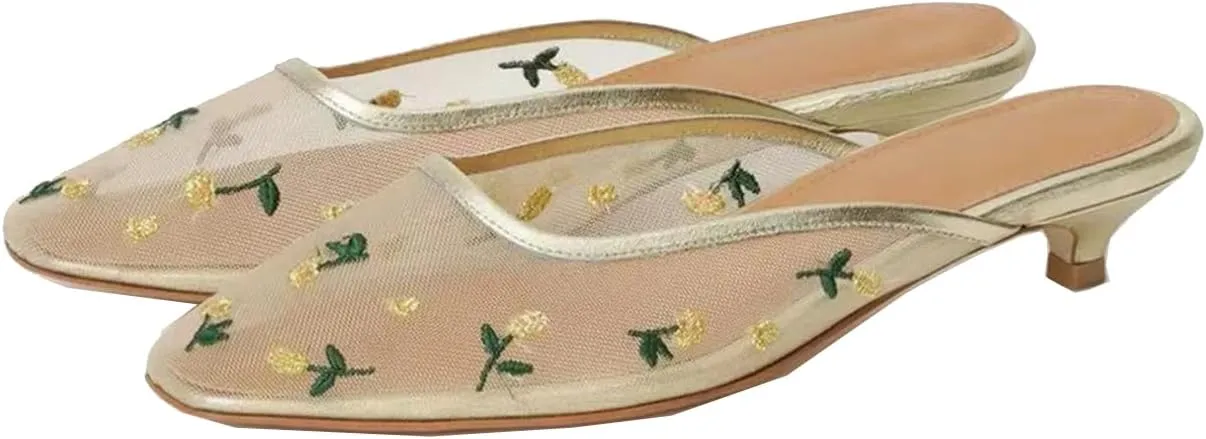 MRKEWUNEY Elegant Embellished Tulle Mules for Women Kitten Heel Mesh Mules Pumps Slip On Embroidered Floral Flats Comfortable Casual Daily Dress Pumps Gold Szie 35