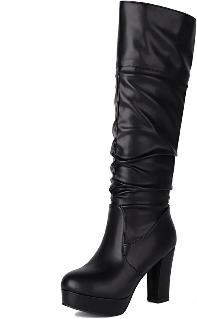 MRKEWUNEY Fashion Knee High Boots for Women Platform Heel Boots Mid Block Heel Side Zipper Dress Boots