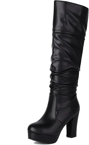 MRKEWUNEY Fashion Knee High Boots for Women Platform Heel Boots Mid Block Heel Side Zipper Dress Boots