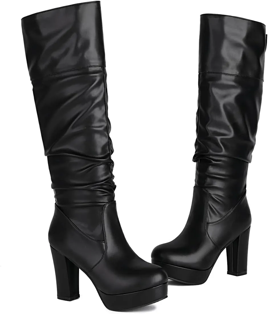 MRKEWUNEY Fashion Knee High Boots for Women Platform Heel Boots Mid Block Heel Side Zipper Dress Boots