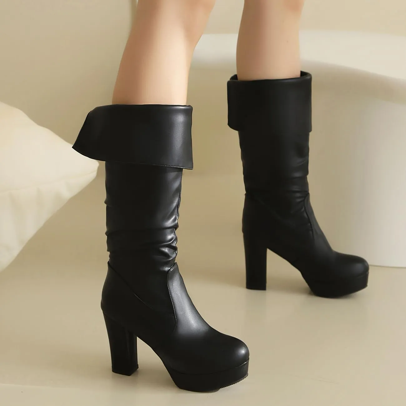 MRKEWUNEY Fashion Knee High Boots for Women Platform Heel Boots Mid Block Heel Side Zipper Dress Boots