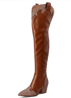 MUCCCUTE Cowboy Boots for Women Black Thigh High Boots - Fashion Cowgirl Over The Knee Boots with Rhinestone - Pointed Toe Chunky Heels Side Zipper Fall Tall Boots for Ladies