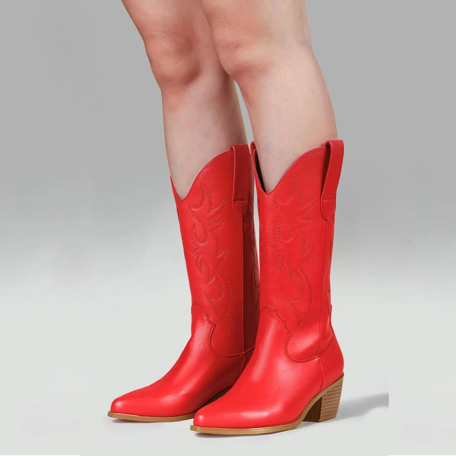 MUCCCUTE Cowboy Boots for Women Cowgirl Boots Wide Calf Pointed Toe Embroidered Fashion Western Chunky Pull On