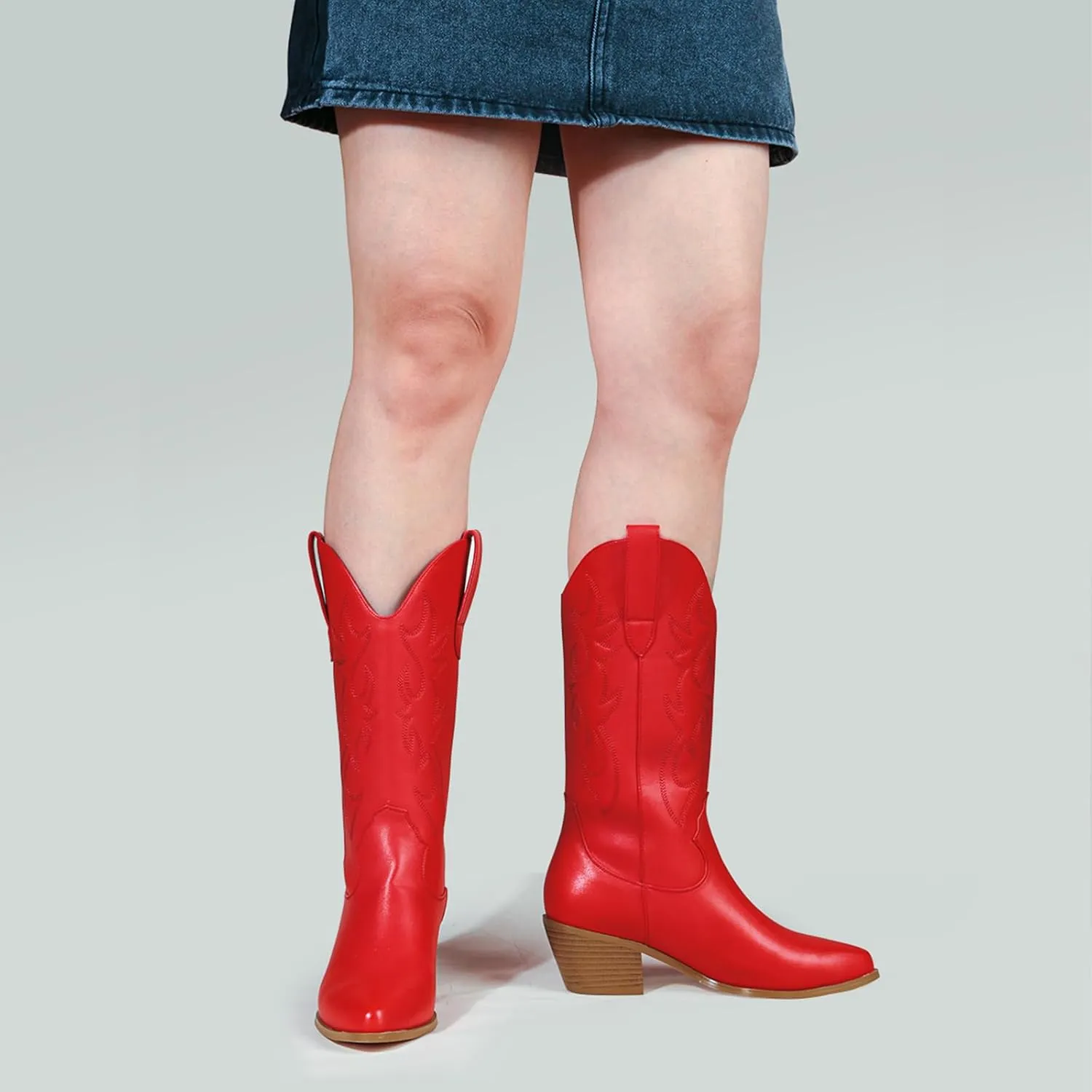 MUCCCUTE Cowboy Boots for Women Cowgirl Boots Wide Calf Pointed Toe Embroidered Fashion Western Chunky Pull On