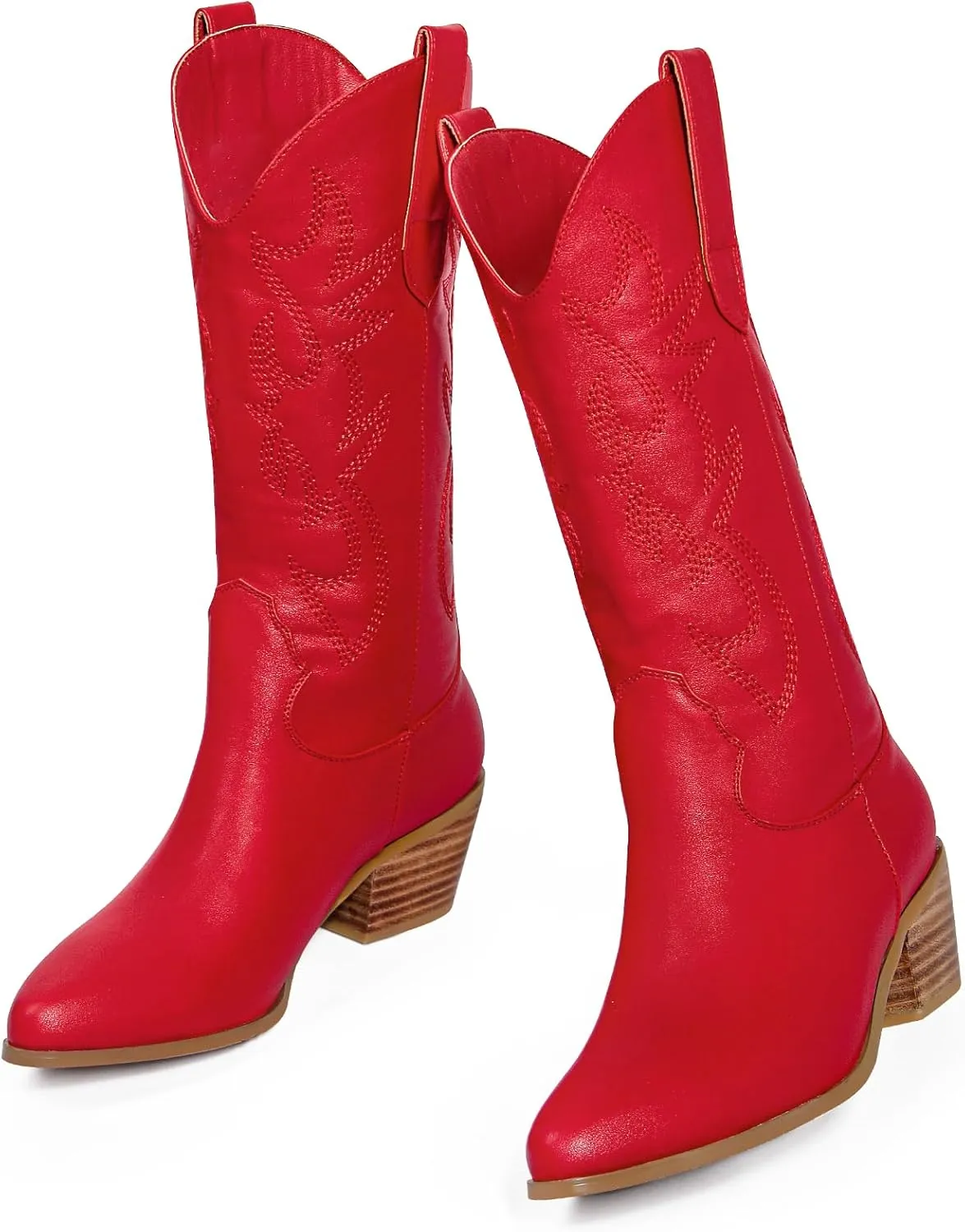 MUCCCUTE Cowboy Boots for Women Cowgirl Boots Wide Calf Pointed Toe Embroidered Fashion Western Chunky Pull On