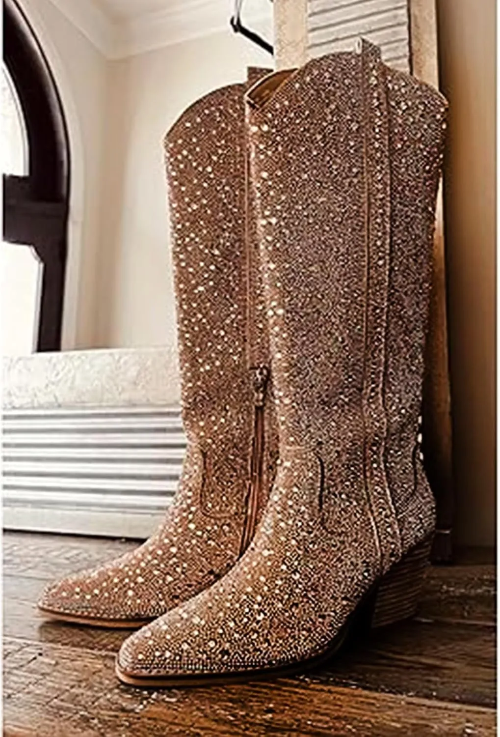 MUCCCUTE Women's Rhinestone Mid Calf Boots Sparkly Block Heel Cowboy Boots Glitter Boots