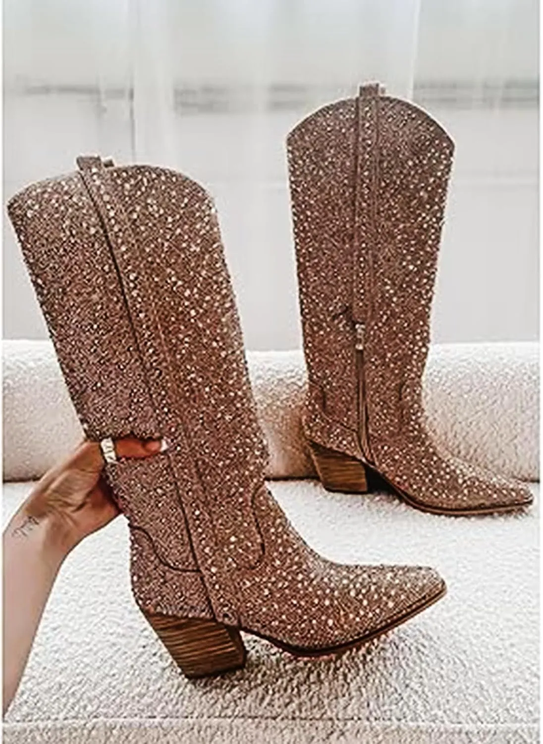 MUCCCUTE Women's Rhinestone Mid Calf Boots Sparkly Block Heel Cowboy Boots Glitter Boots