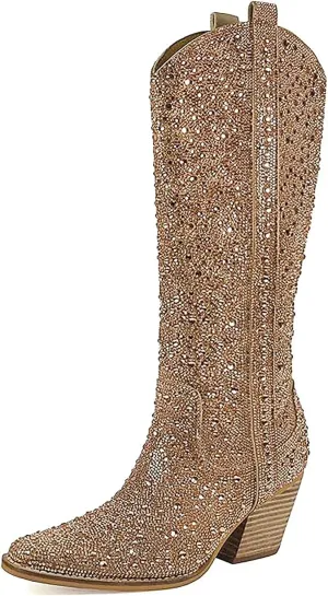 MUCCCUTE Women's Rhinestone Mid Calf Boots Sparkly Block Heel Cowboy Boots Glitter Boots