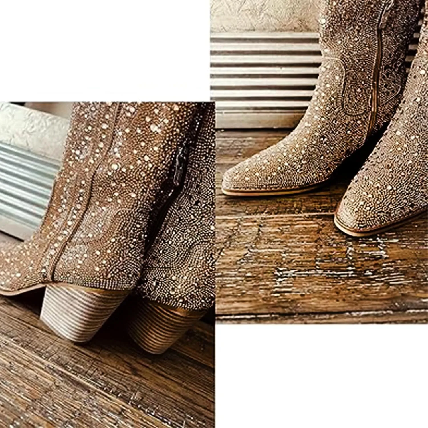 MUCCCUTE Women's Rhinestone Mid Calf Boots Sparkly Block Heel Cowboy Boots Glitter Boots