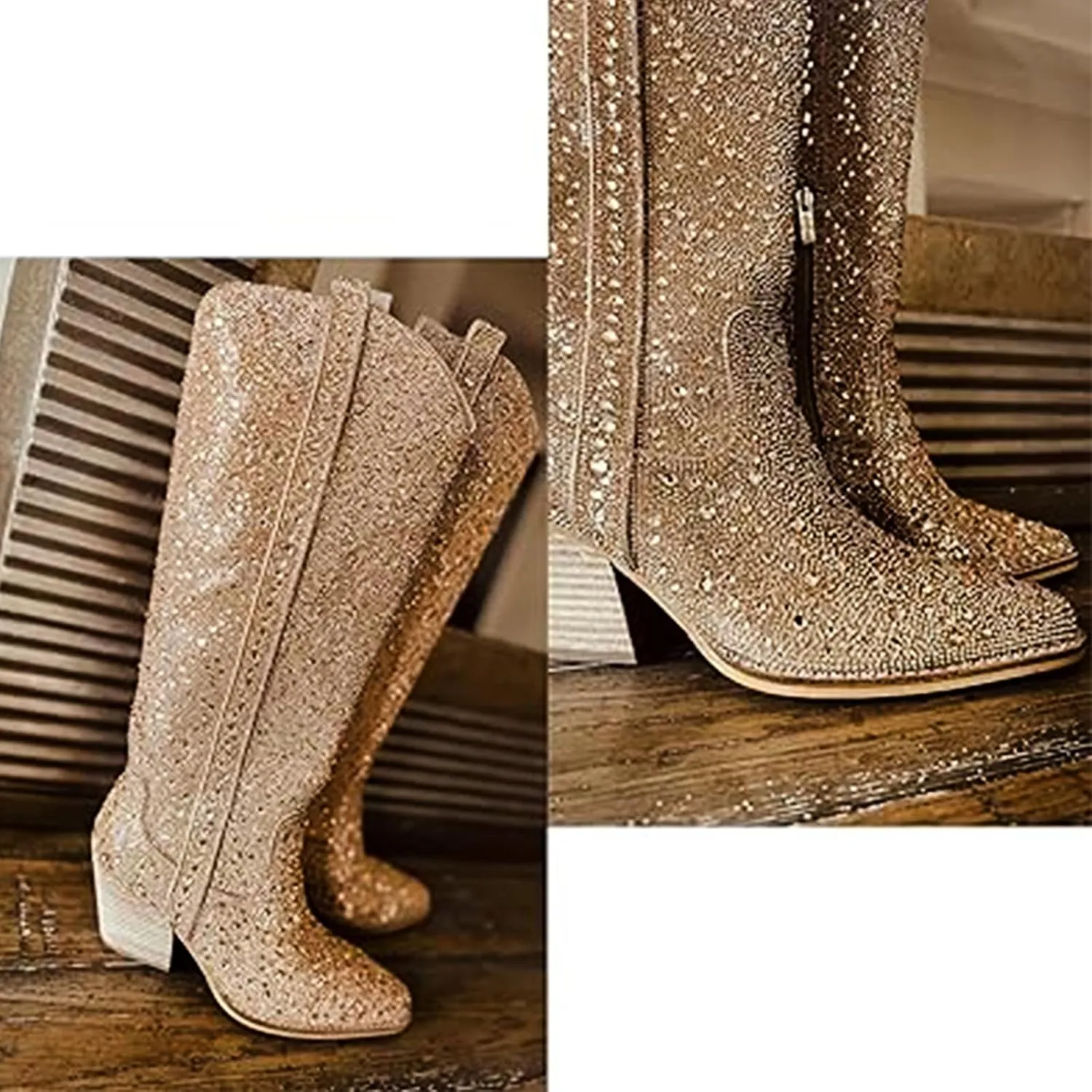 MUCCCUTE Women's Rhinestone Mid Calf Boots Sparkly Block Heel Cowboy Boots Glitter Boots