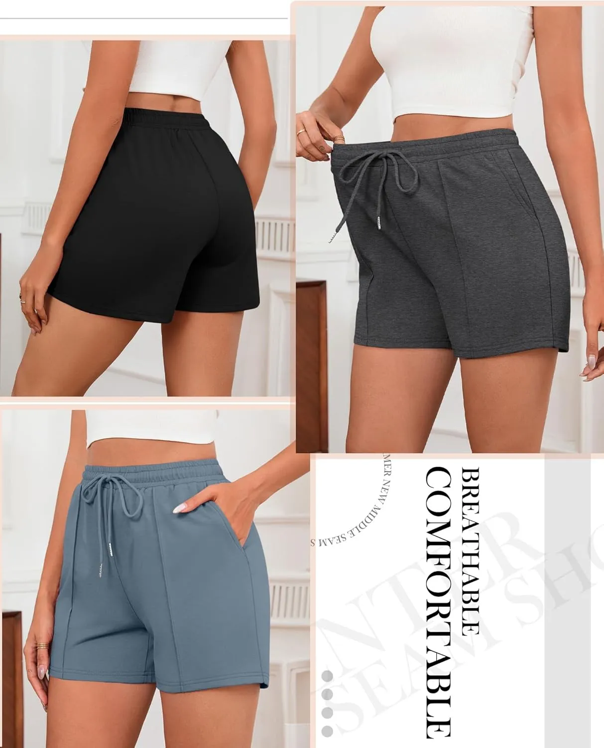 Neer 3 Pack Women's Sweat Shorts, Casual Drawstring Athletic Shorts Summer Lounge Loose Solid Active Short Pants with Pockets