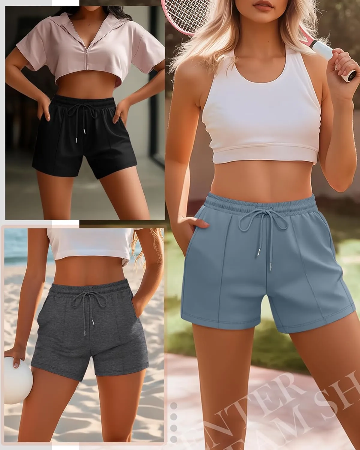 Neer 3 Pack Women's Sweat Shorts, Casual Drawstring Athletic Shorts Summer Lounge Loose Solid Active Short Pants with Pockets