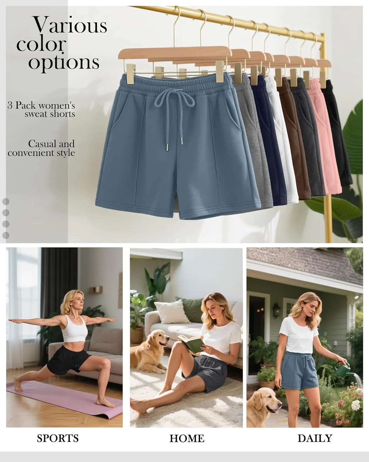 Neer 3 Pack Women's Sweat Shorts, Casual Drawstring Athletic Shorts Summer Lounge Loose Solid Active Short Pants with Pockets