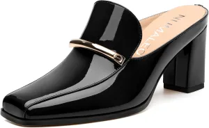 NUMALEO Womens Mules Chunky Block Heel Loafers Slip On Heeled Mules Closed Square Toe Heels Mules for Women Comfortable Dressy Backless Loafers Shoes for Office Work Casual