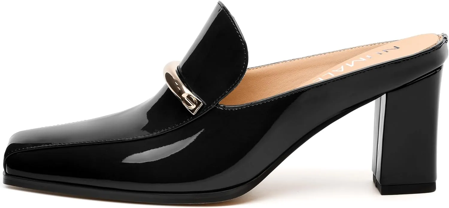 NUMALEO Womens Mules Chunky Block Heel Loafers Slip On Heeled Mules Closed Square Toe Heels Mules for Women Comfortable Dressy Backless Loafers Shoes for Office Work Casual