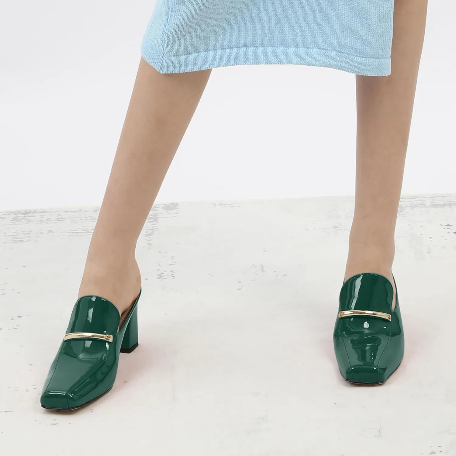 NUMALEO Womens Mules Chunky Block Heel Loafers Slip On Heeled Mules Closed Square Toe Heels Mules for Women Comfortable Dressy Backless Loafers Shoes for Office Work Casual
