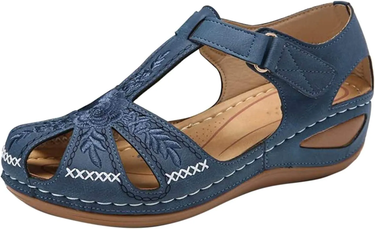 oiangi Soft Wedge Sandals for Women Comfortable Flower Embroidery Hollow Closed Toe Hook and Loop Slides Sandals Summer Sewing Thread Platform Casual Shoes Slippers