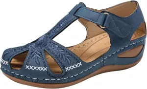 oiangi Soft Wedge Sandals for Women Comfortable Flower Embroidery Hollow Closed Toe Hook and Loop Slides Sandals Summer Sewing Thread Platform Casual Shoes Slippers