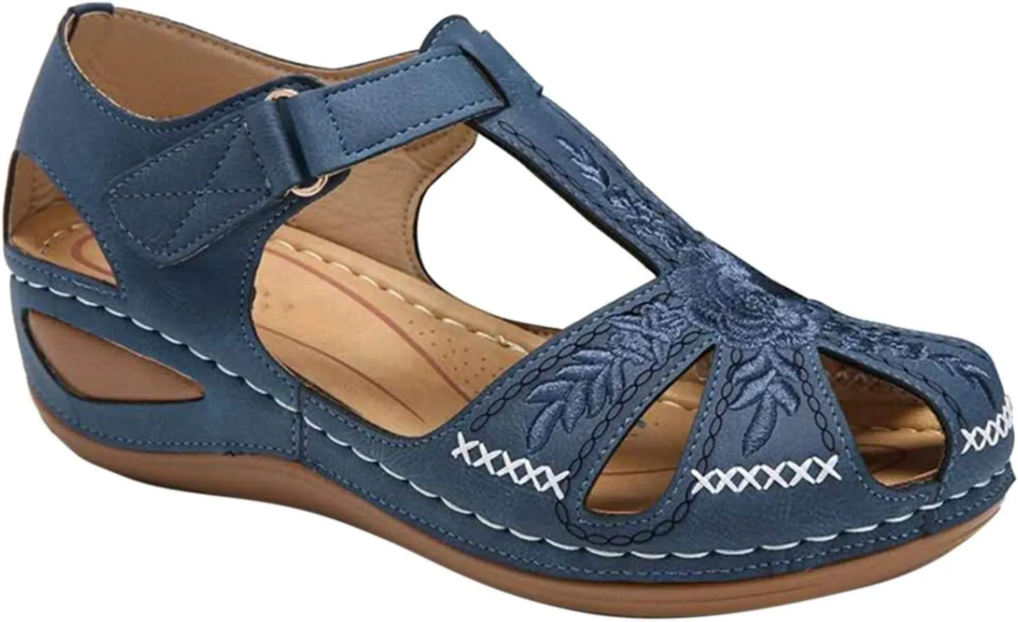 oiangi Soft Wedge Sandals for Women Comfortable Flower Embroidery Hollow Closed Toe Hook and Loop Slides Sandals Summer Sewing Thread Platform Casual Shoes Slippers