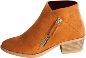 oiangi Womens Boots Fall 2022 Ankle Booties Vintage Slip on Round Toe Side Zipper Chunky Block Mid Heel Booties Solid Casual Comfy Outdoor Ladies Shoes